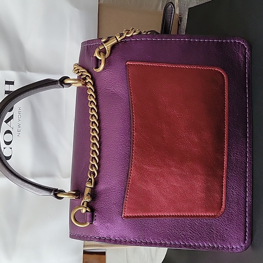 COACH PARKER Metallic Color Block Purple Leather Top Handle Crossbody Set EUC - Picture 9 of 11